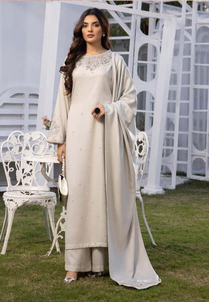 Nakhra Dhanak 3 Piece Winter Outfit With Embroidered Shawl Grey - Desi Posh