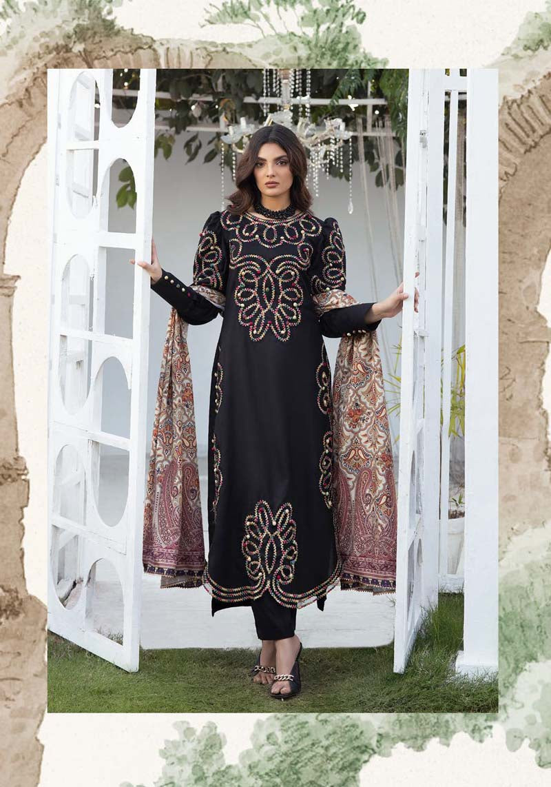 Nakhra Dhanak 3 Piece Winter Outfit With Digitally Printed Shawl Black - Desi Posh