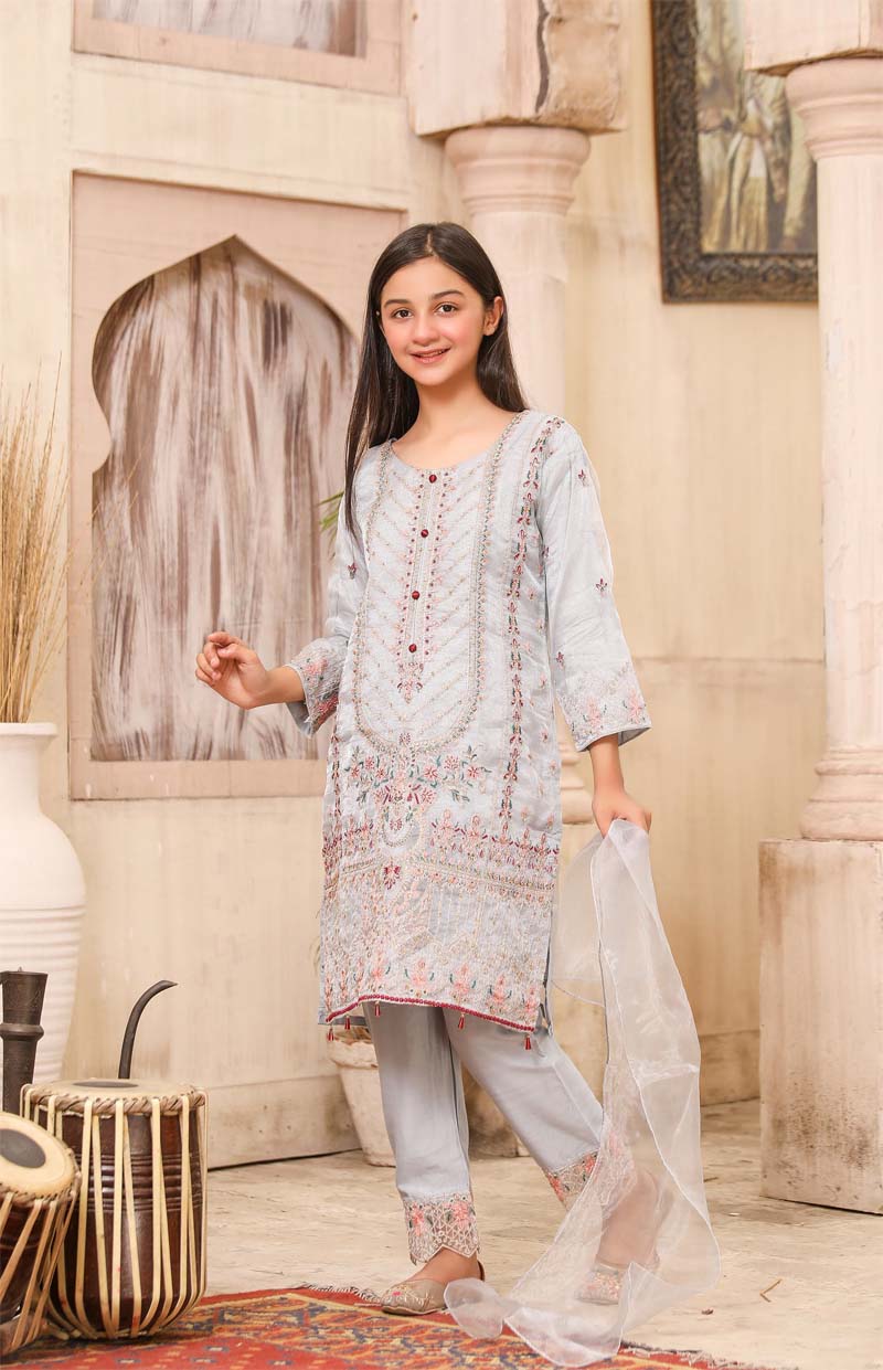 Stunning Organza Mummy & Me Kids Eid suit Grey - Desi Posh