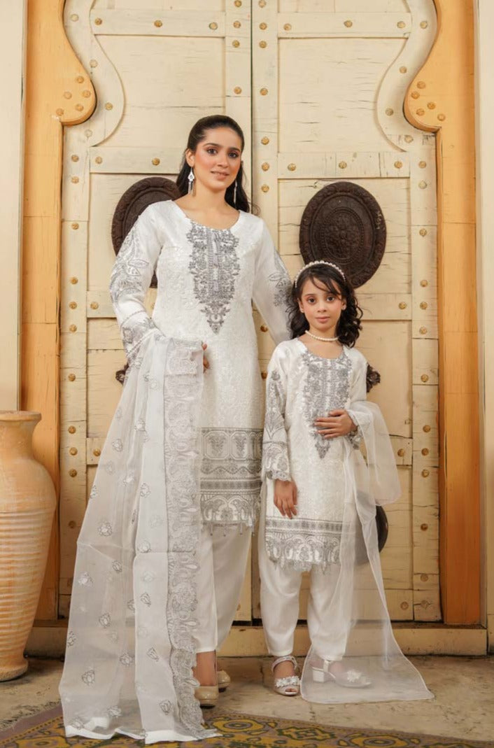 Stunning Organza Mummy & Me Kids Eid suit White - Desi Posh