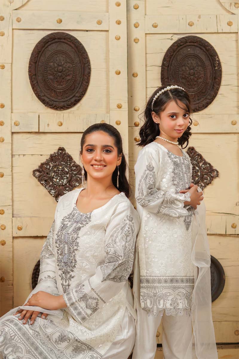 Stunning Organza Mummy & Me Kids Eid suit White - Desi Posh