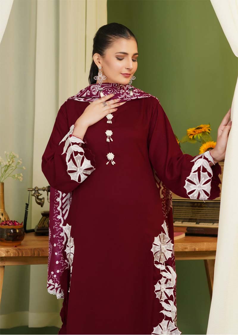 Parizad 3 Piece Dhanak Linen Suit with Warm Shawl Maroon