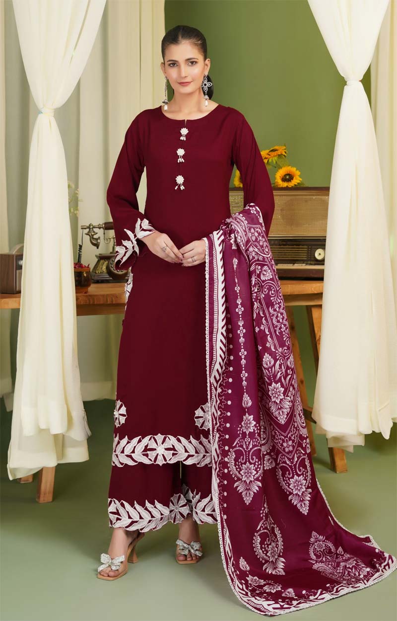 Parizad 3 Piece Dhanak Linen Suit with Warm Shawl Maroon