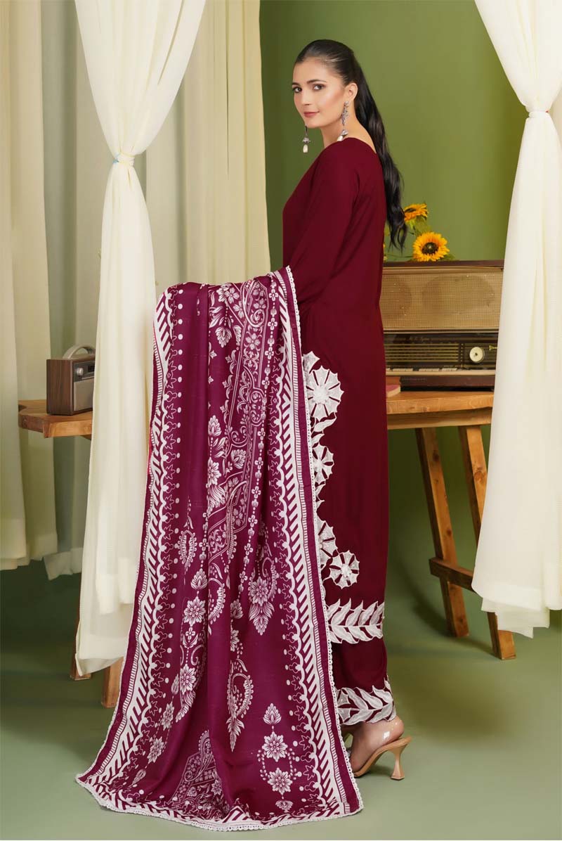 Parizad 3 Piece Dhanak Linen Suit with Warm Shawl Maroon