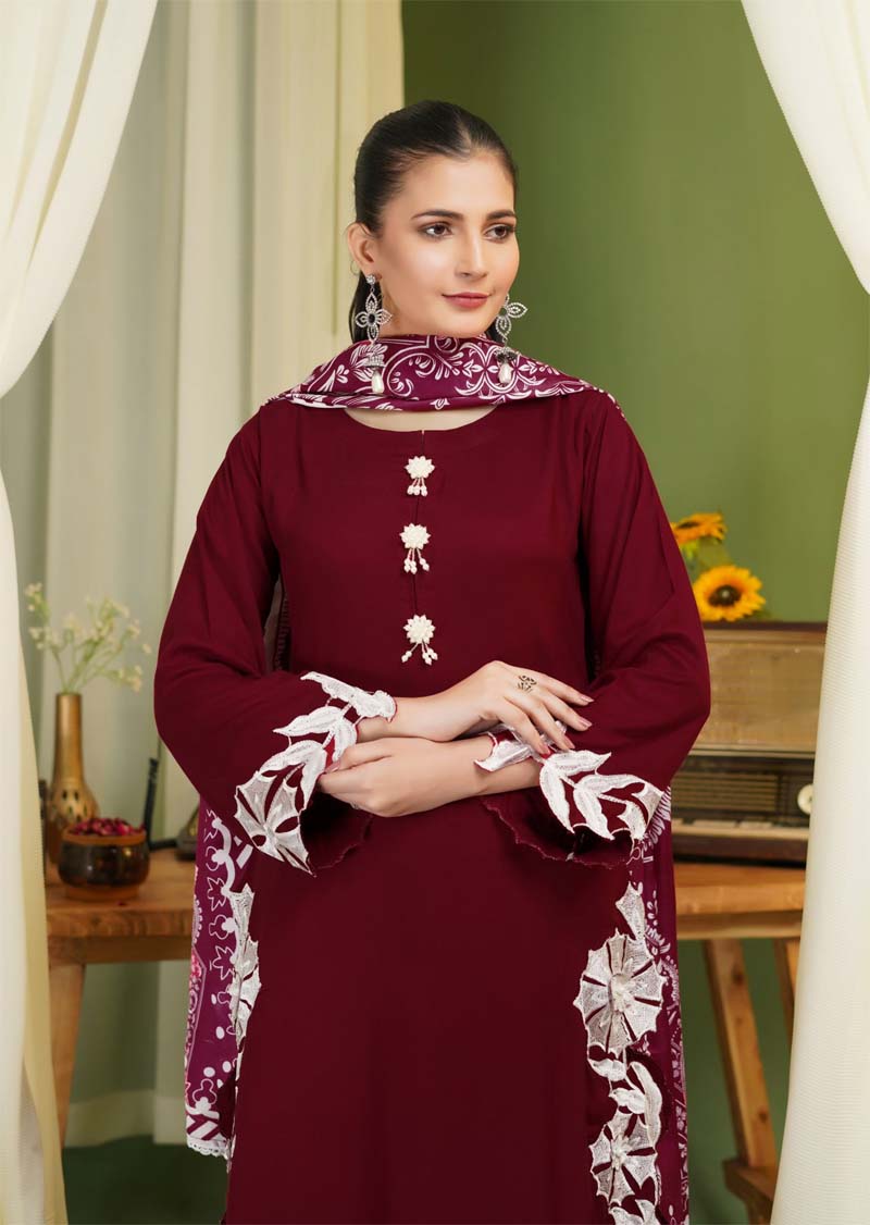 Parizad 3 Piece Dhanak Linen Suit with Warm Shawl Maroon