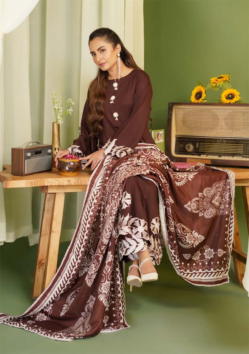 Parizad 3 Piece Dhanak Linen Suit with Warm Shawl Chocolate Brown