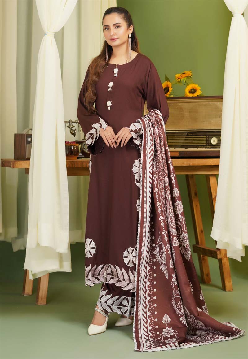 Parizad 3 Piece Dhanak Linen Suit with Warm Shawl Chocolate Brown