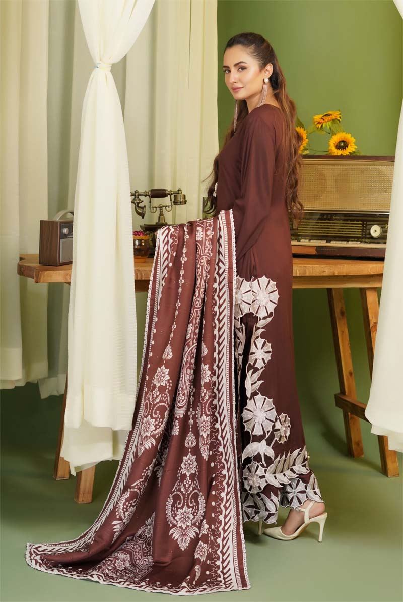 Parizad 3 Piece Dhanak Linen Suit with Warm Shawl Chocolate Brown