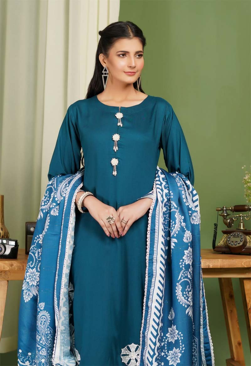 Parizad 3 Piece Dhanak Linen Suit with Warm Shawl Teal