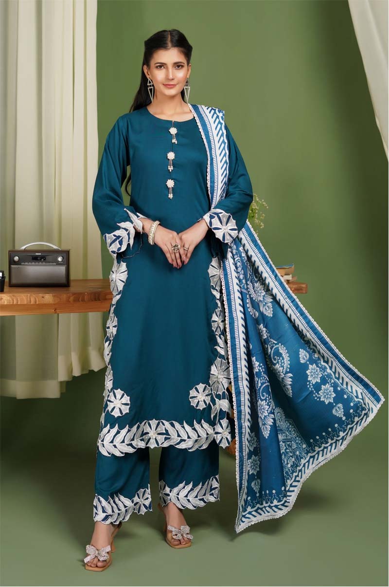 Parizad 3 Piece Dhanak Linen Suit with Warm Shawl Teal