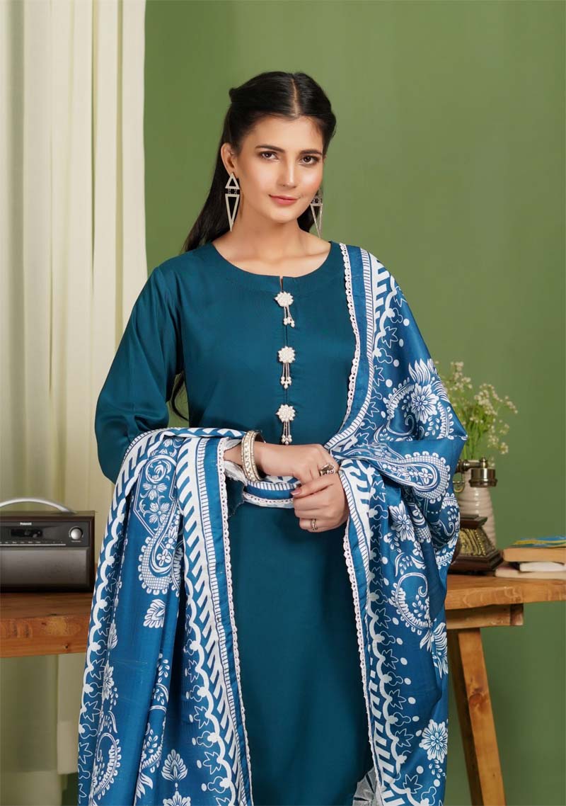 Parizad 3 Piece Dhanak Linen Suit with Warm Shawl Teal