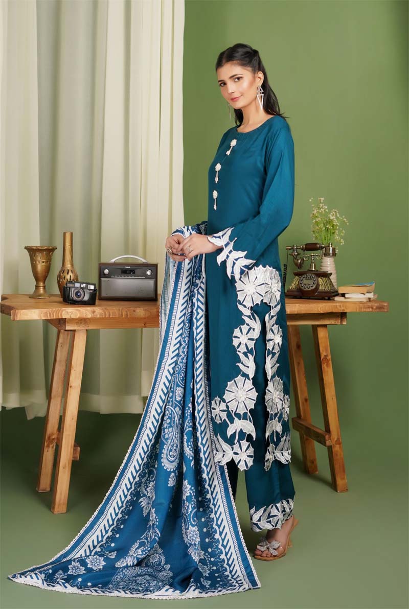 Parizad 3 Piece Dhanak Linen Suit with Warm Shawl Teal