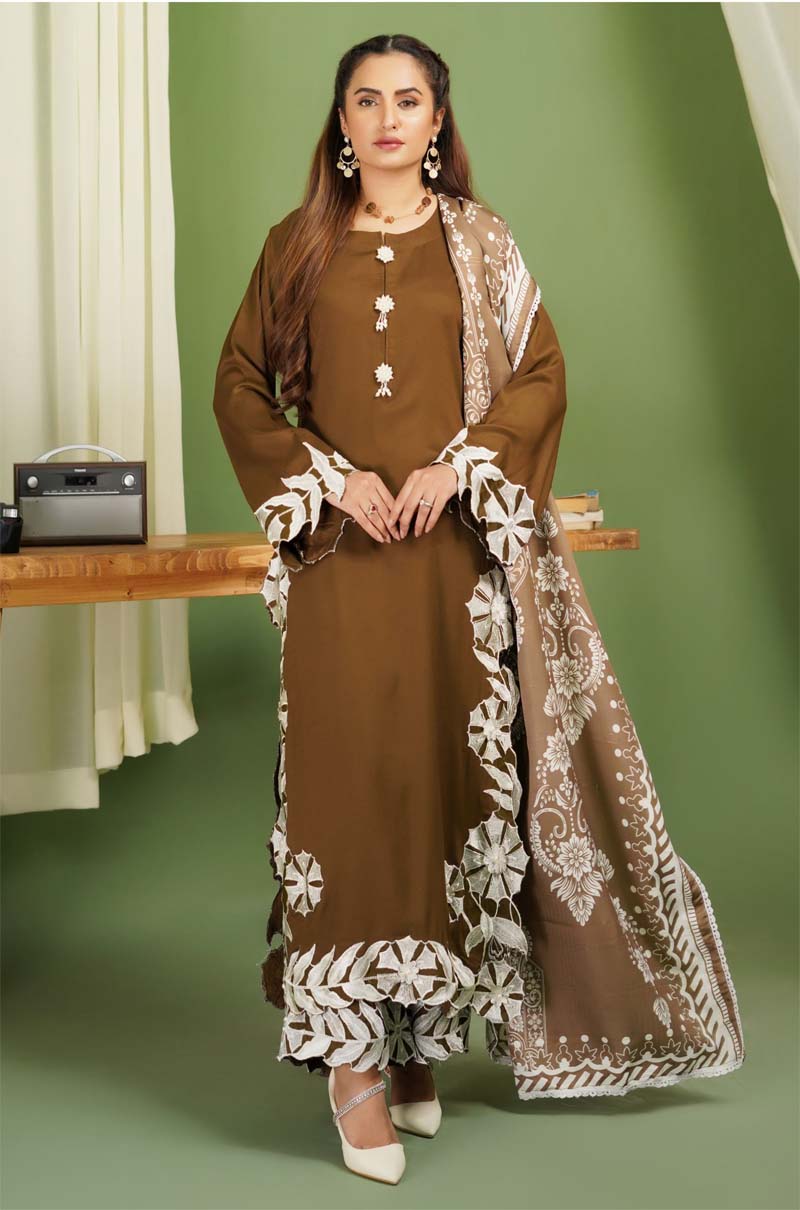 Parizad 3 Piece Dhanak Linen Suit with Warm Shawl Mehndi