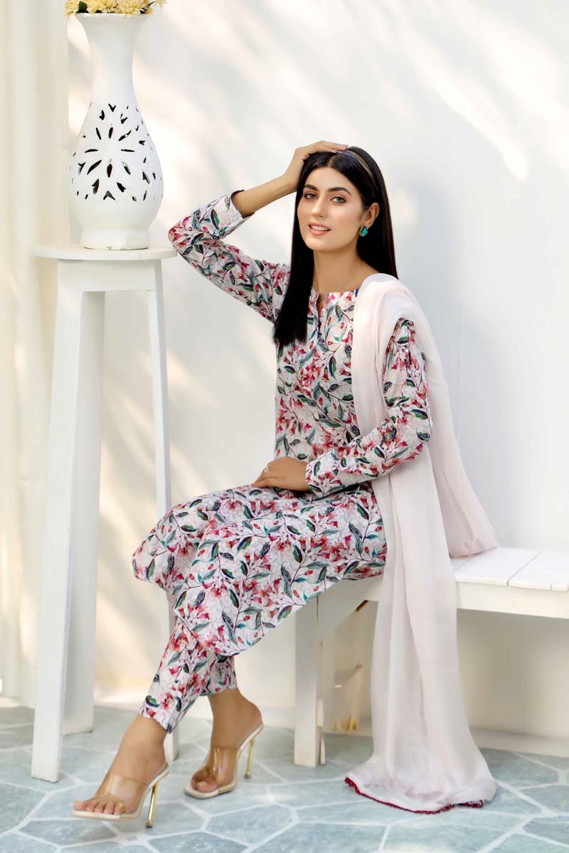 Floral Lawn Light Skin Outfit With Printed Trousers and Dupatta 0012 - Desi Posh