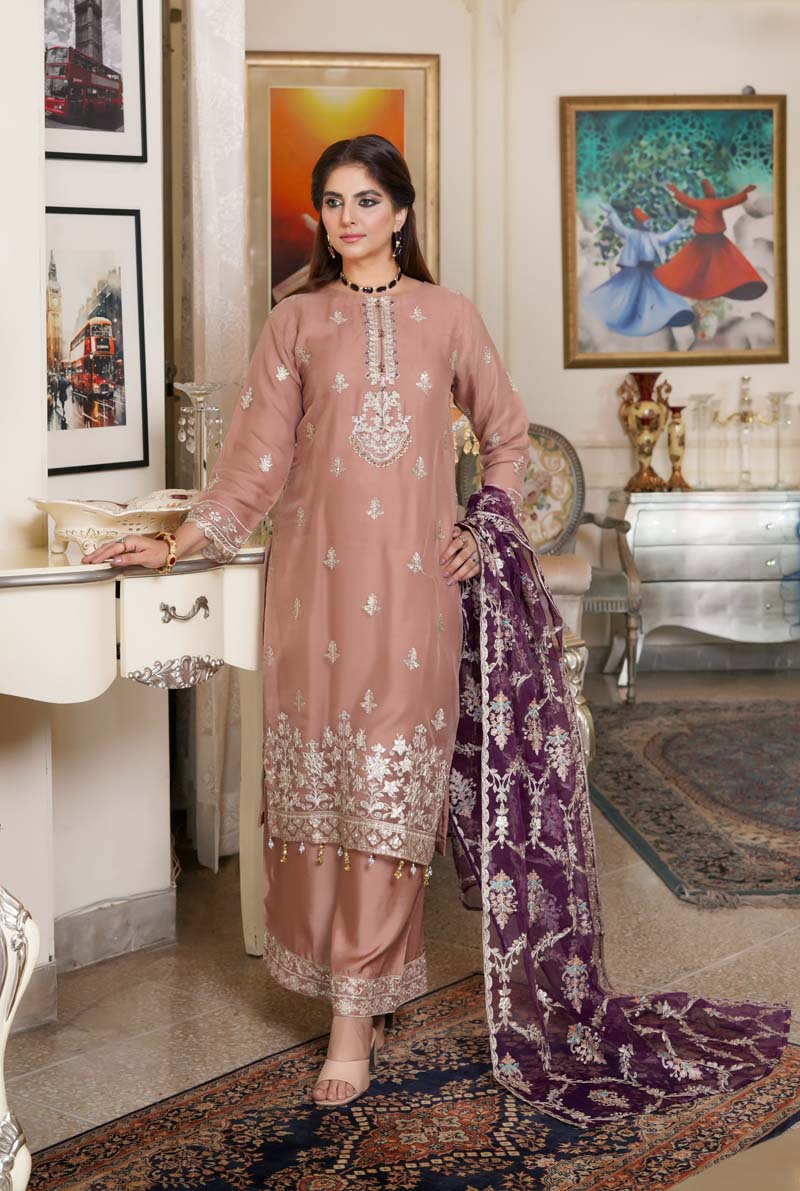 Simrans Embroidered Organza Dusty Rose Party Outfit With Embroidered Net Dupatta