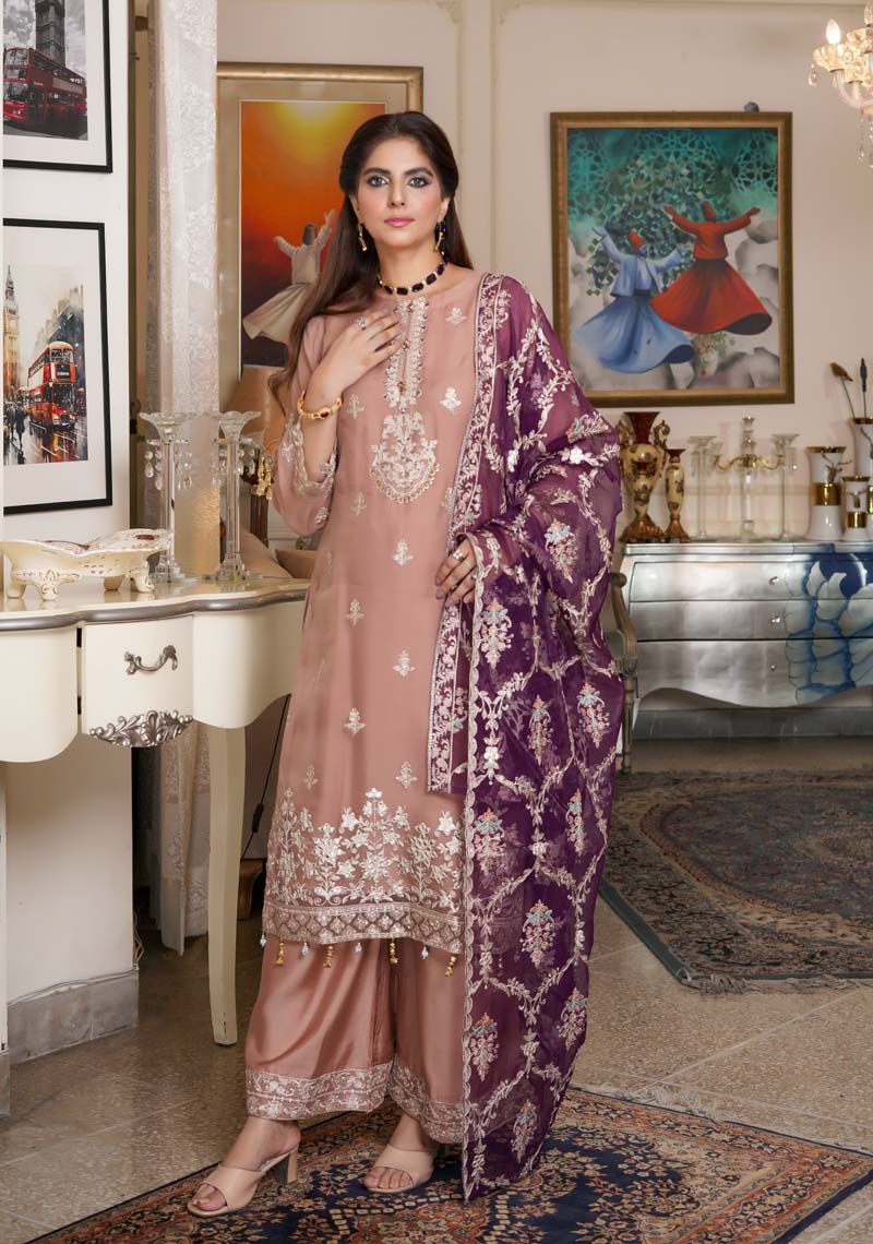 Simrans Embroidered Organza Dusty Rose Party Outfit With Embroidered Net Dupatta