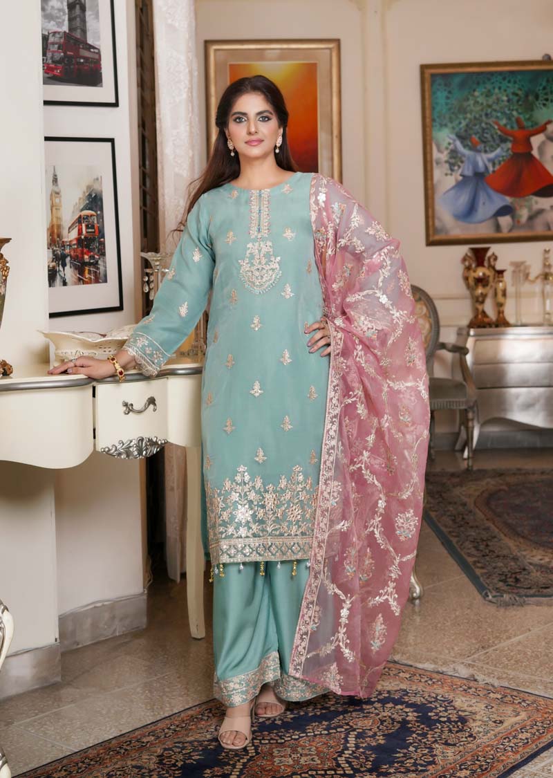 Simrans Embroidered Organza Pastel Green Party Outfit With Embroidered Net Dupatta