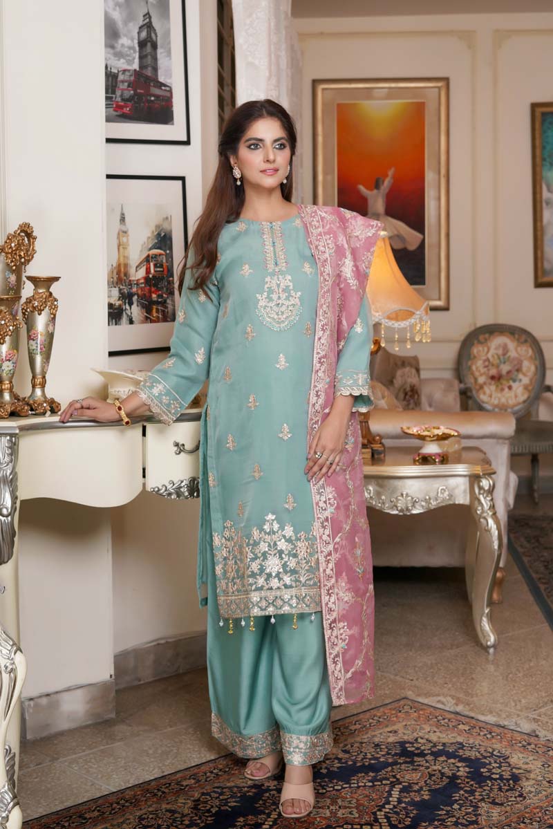 Simrans Embroidered Organza Pastel Green Party Outfit With Embroidered Net Dupatta