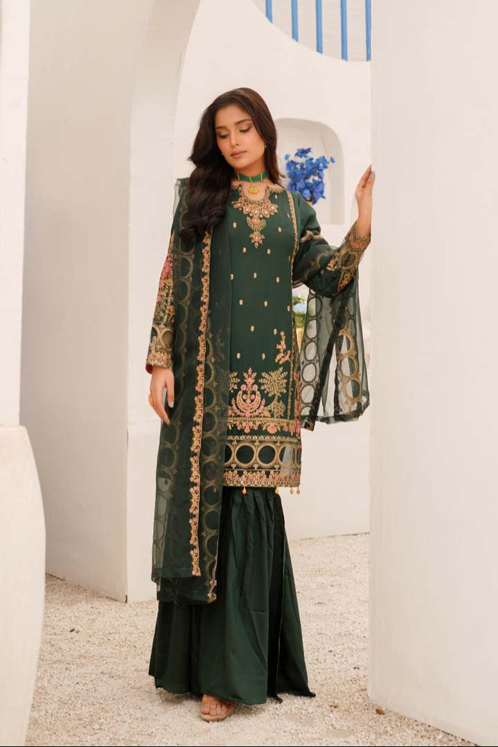 Maria B Chiffon Bottle Green Wedding Gharara Oufit