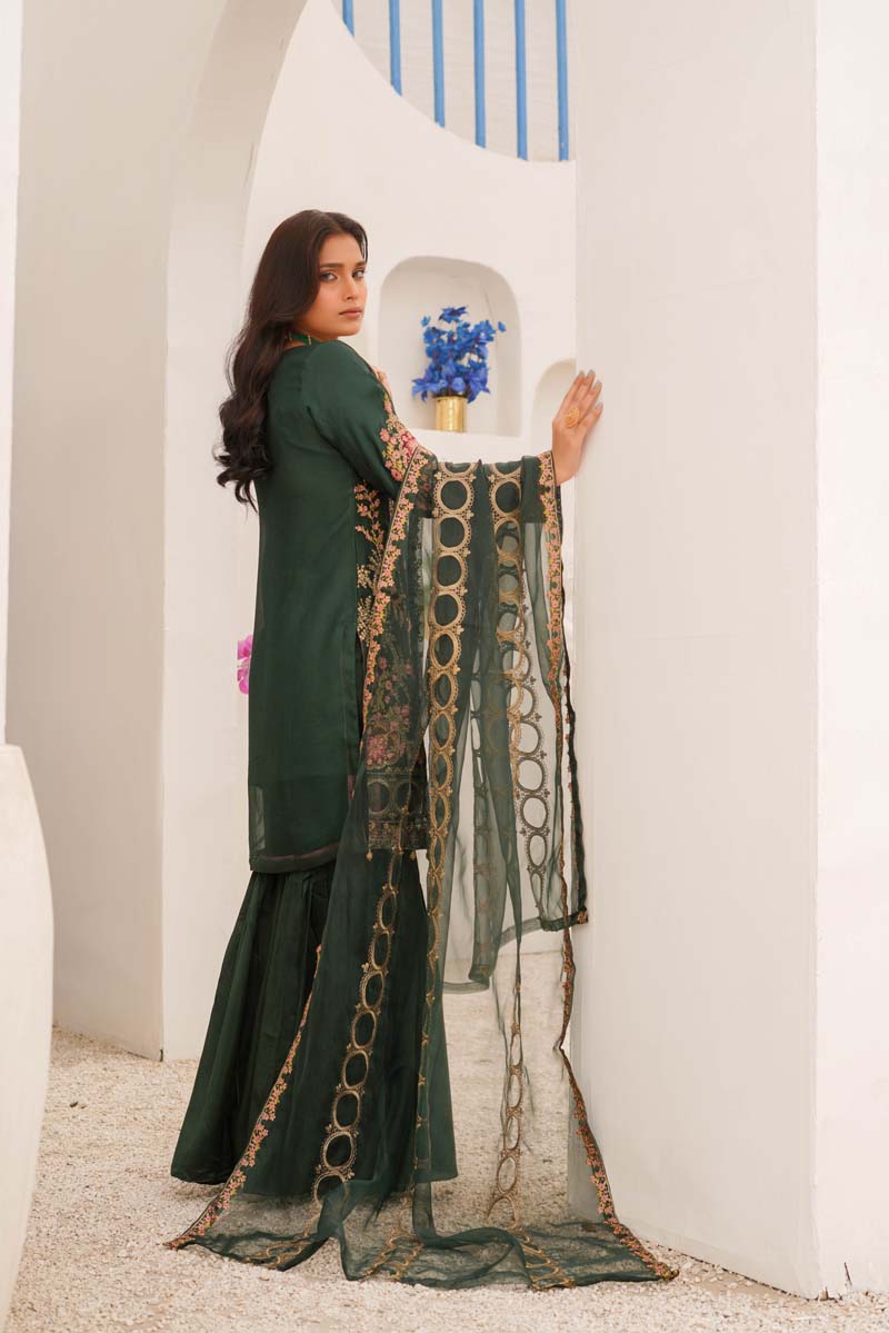 Maria B Chiffon Bottle Green Wedding Gharara Oufit