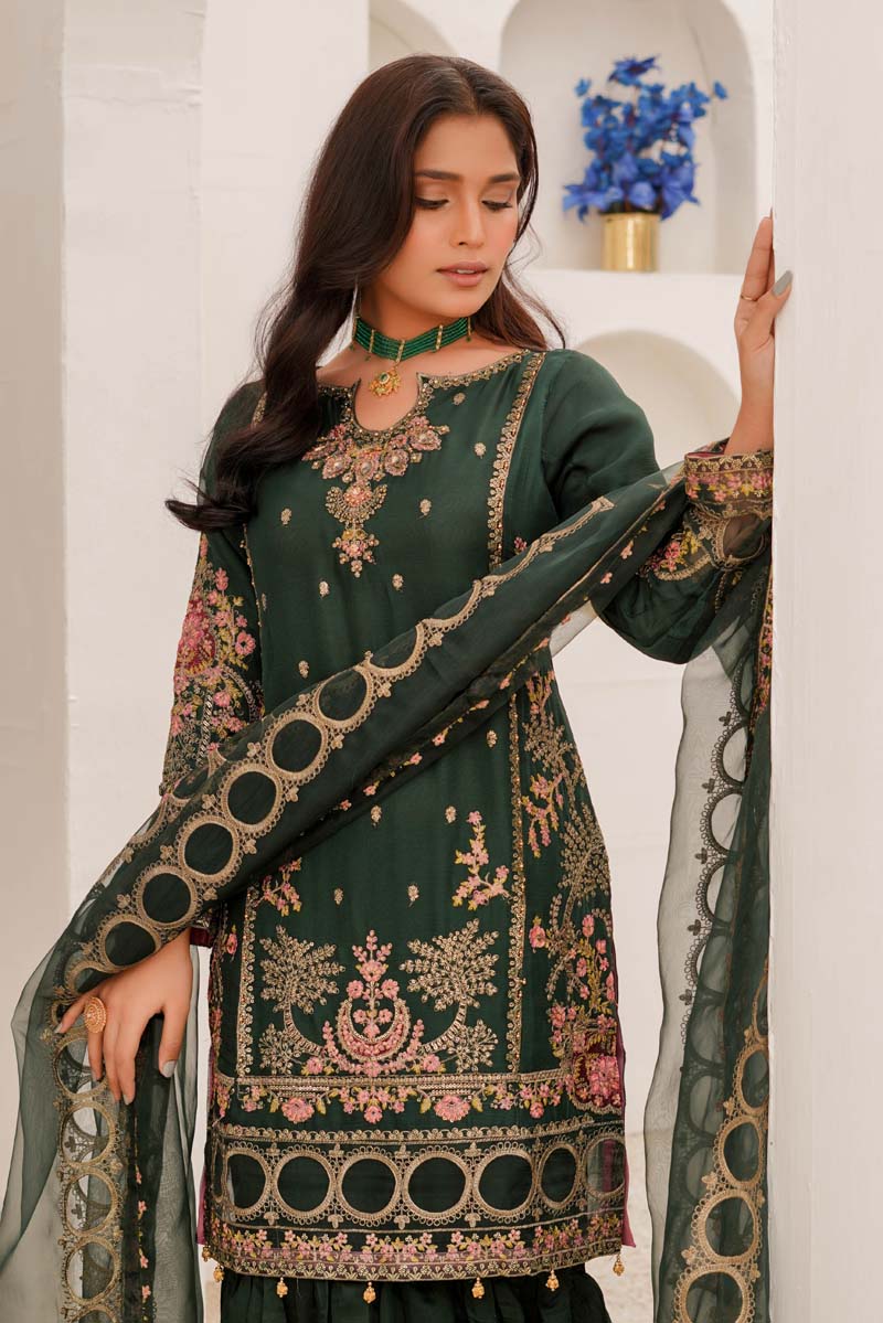 Maria B Chiffon Bottle Green Wedding Gharara Oufit