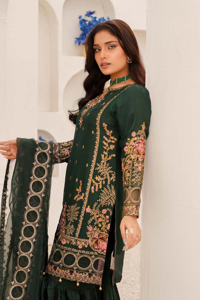 Maria B Chiffon Bottle Green Wedding Gharara Oufit