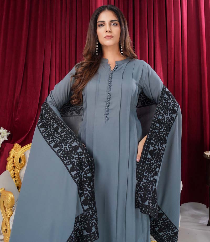 Sana 3 Piece Dhanak Linen Suit with Embroidered Shawl Grey