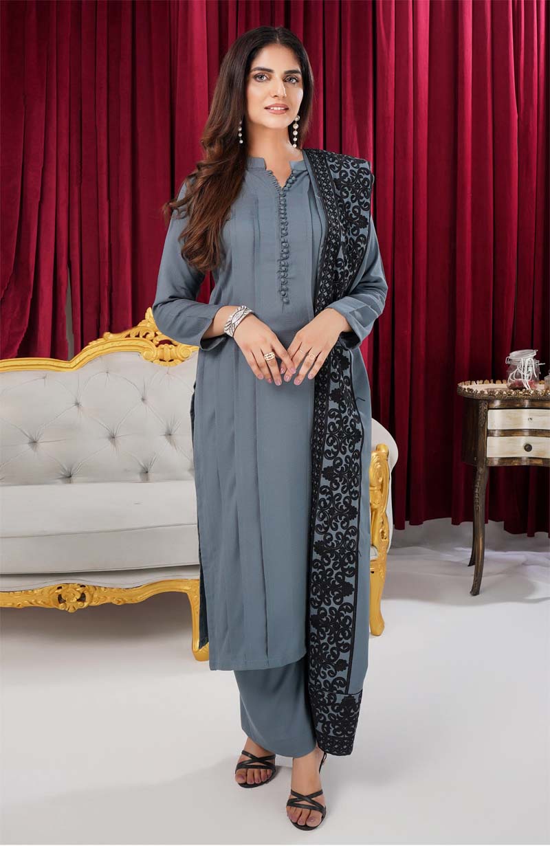 Sana 3 Piece Dhanak Linen Suit with Embroidered Shawl Grey