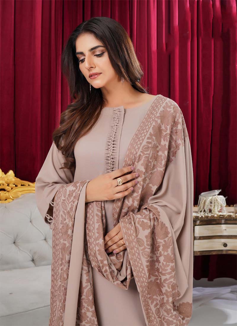 Sana 3 Piece Dhanak Linen Suit with Embroidered Shawl Beige