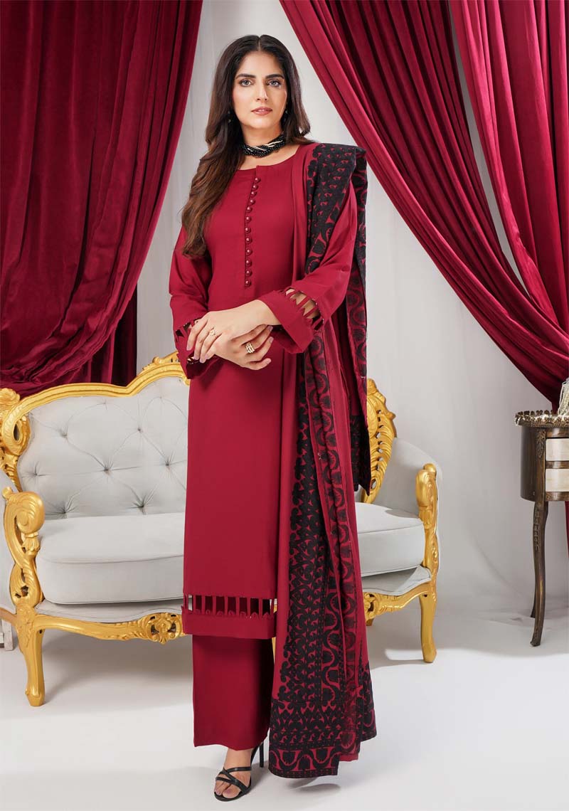 Sana 3 Piece Dhanak Linen Suit with Embroidered Shawl Maroon