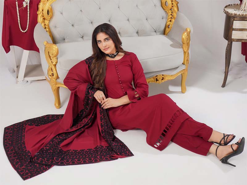 Sana 3 Piece Dhanak Linen Suit with Embroidered Shawl Maroon