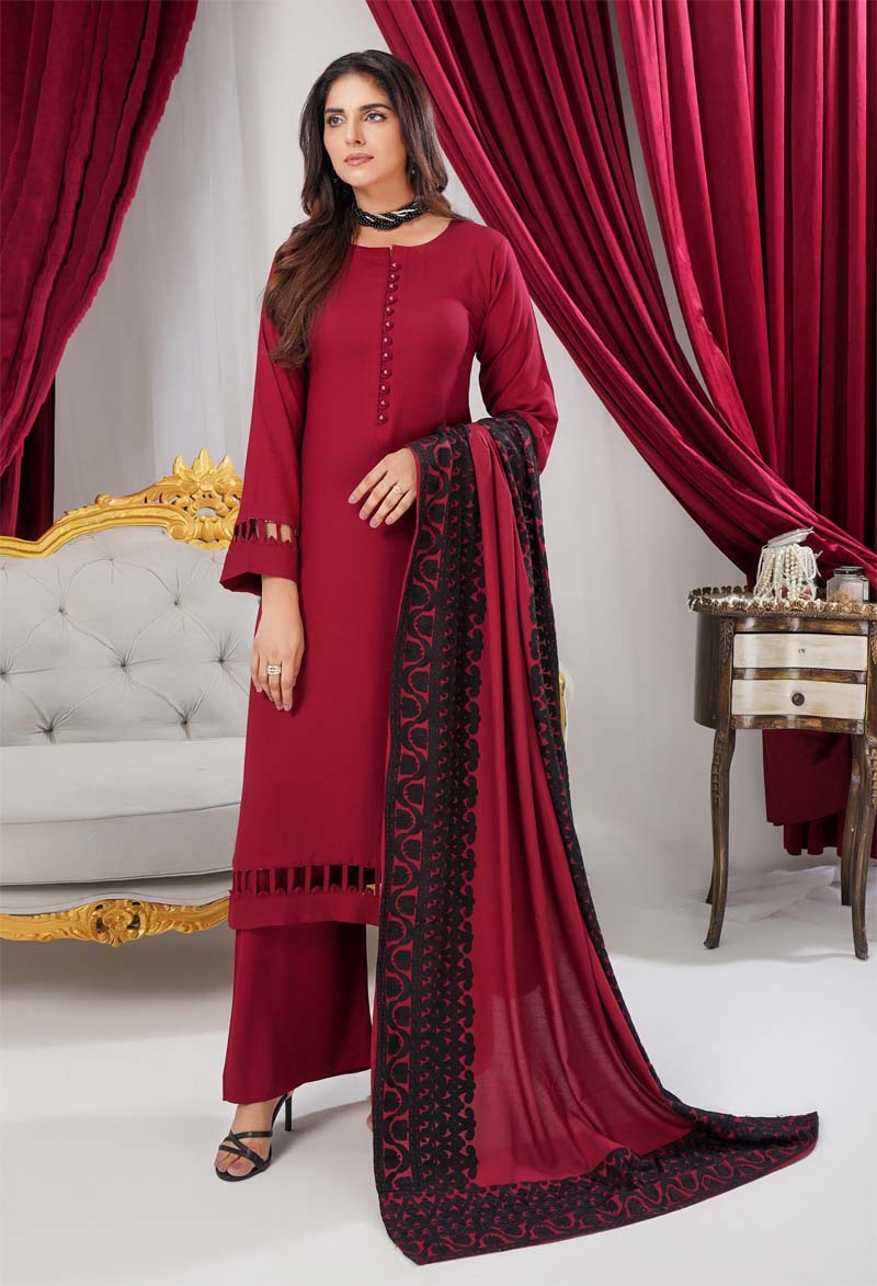 Sana 3 Piece Dhanak Linen Suit with Embroidered Shawl Maroon