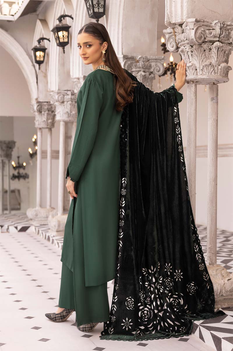 Sapna 3 Piece Dhanak Linen Suit with Laser Cut Velvet Shawl Bottle Green