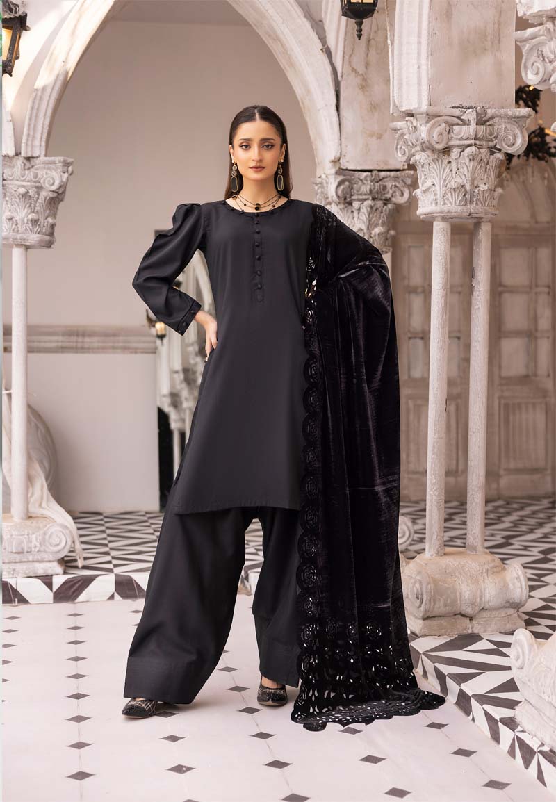 Sapna 3 Piece Dhanak Linen Suit with Laser Cut Velvet Shawl Black