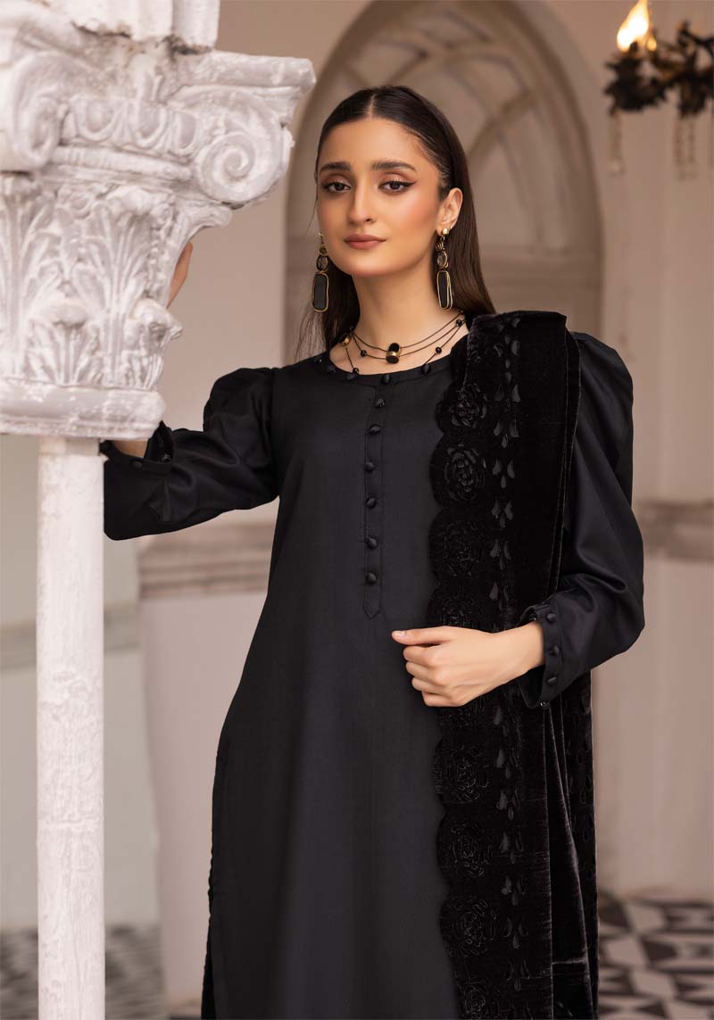 Sapna 3 Piece Dhanak Linen Suit with Laser Cut Velvet Shawl Black