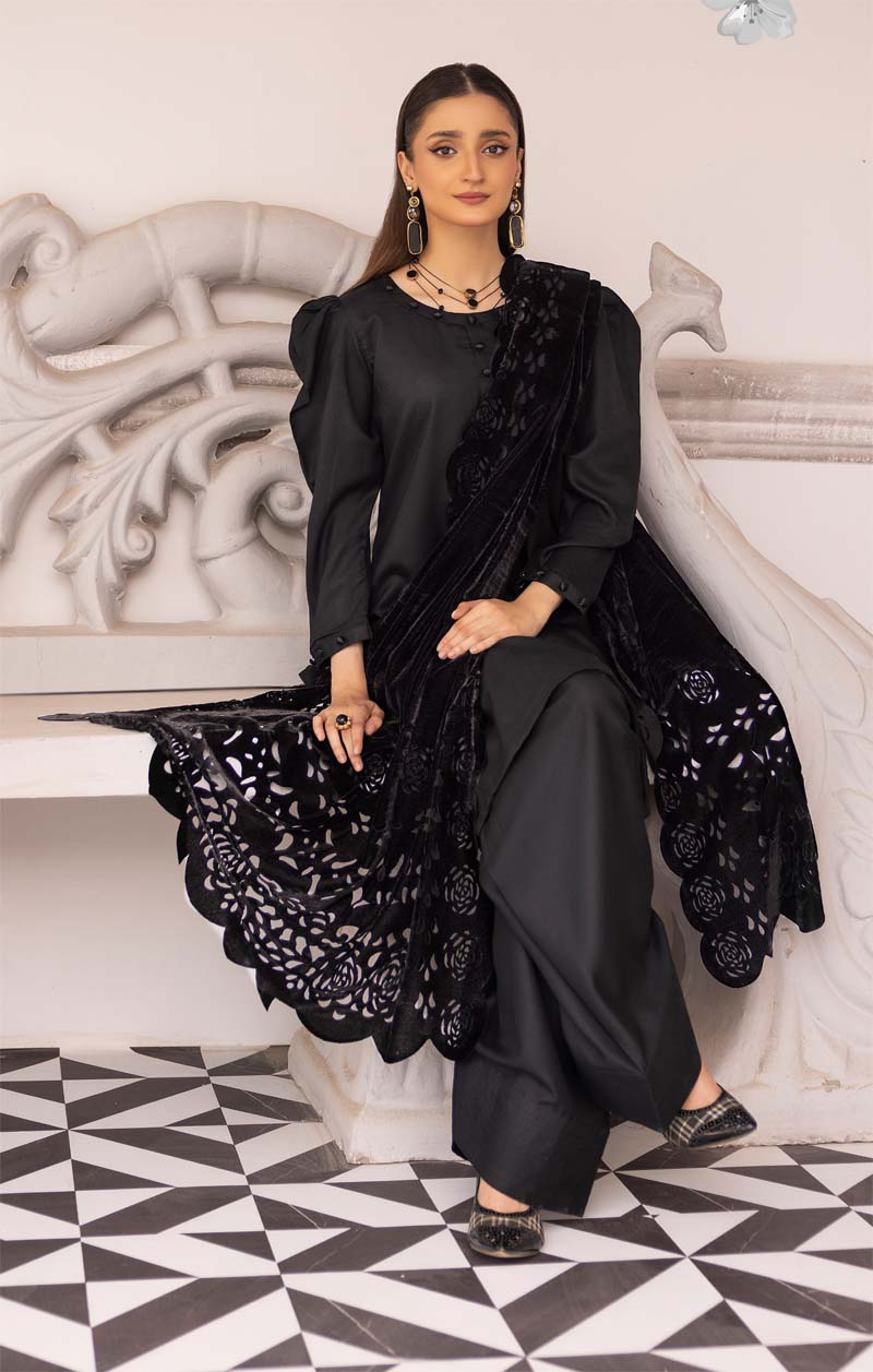 Sapna 3 Piece Dhanak Linen Suit with Laser Cut Velvet Shawl Black