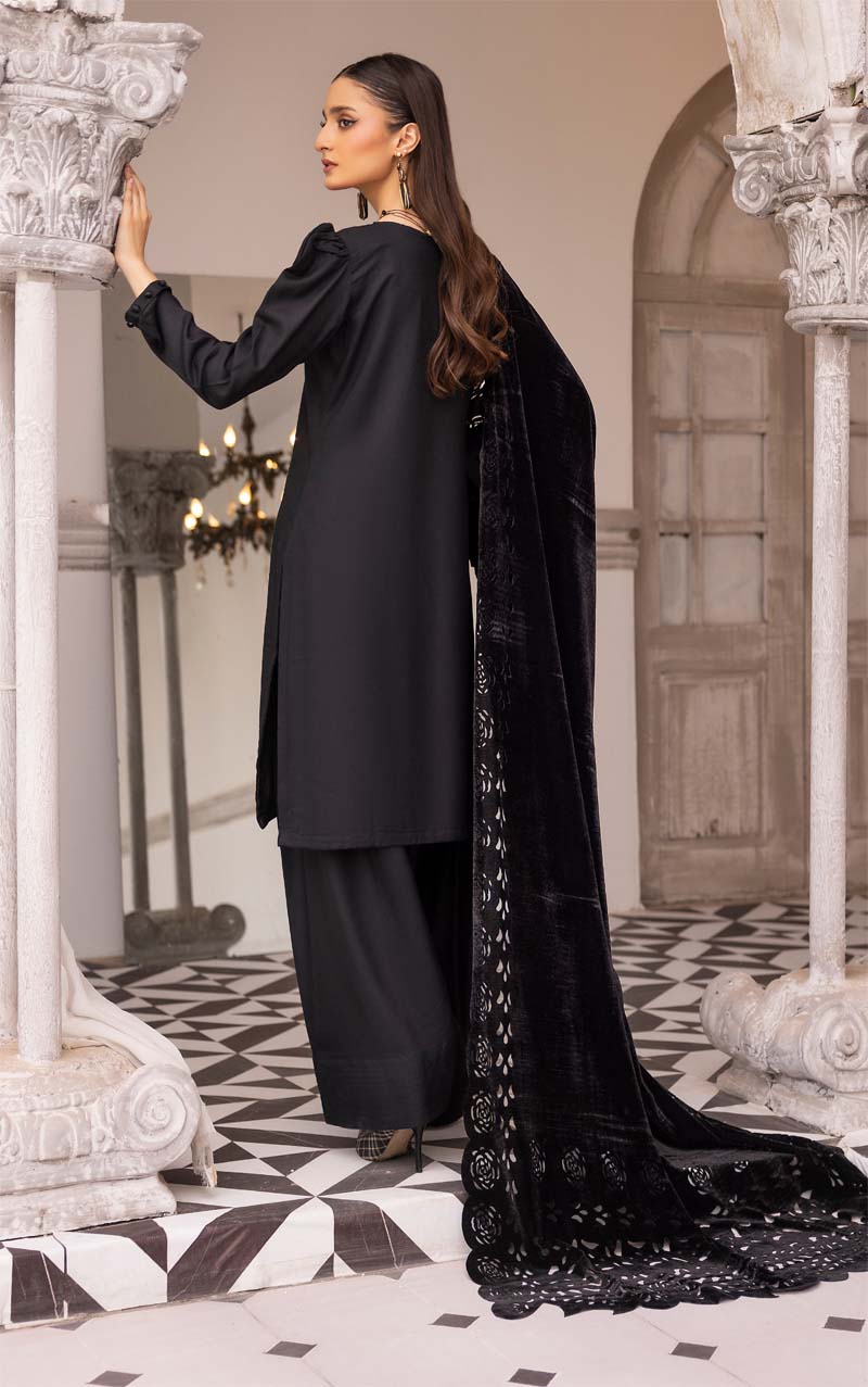 Sapna 3 Piece Dhanak Linen Suit with Laser Cut Velvet Shawl Black