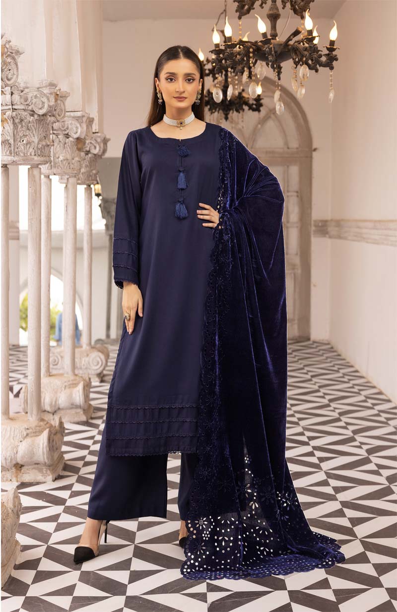 Sapna 3 Piece Dhanak Linen Suit with Laser Cut Velvet Shawl Navy