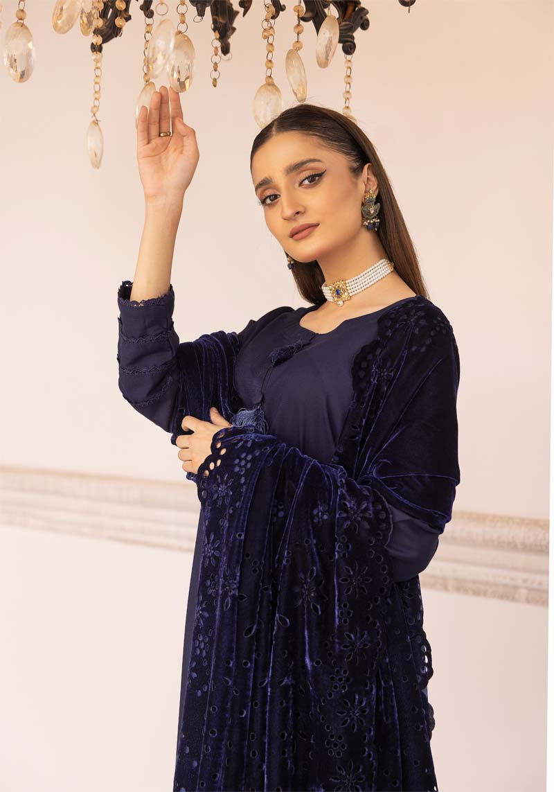 Sapna 3 Piece Dhanak Linen Suit with Laser Cut Velvet Shawl Navy