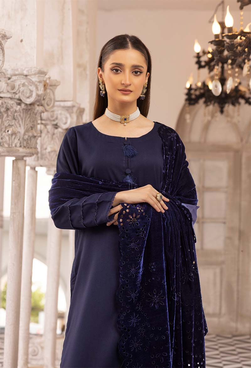 Sapna 3 Piece Dhanak Linen Suit with Laser Cut Velvet Shawl Navy