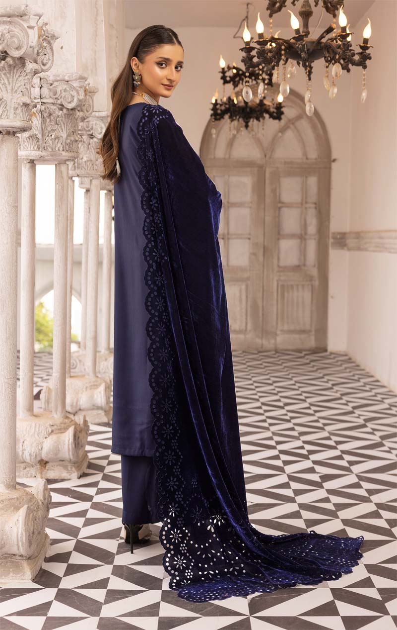 Sapna 3 Piece Dhanak Linen Suit with Laser Cut Velvet Shawl Navy