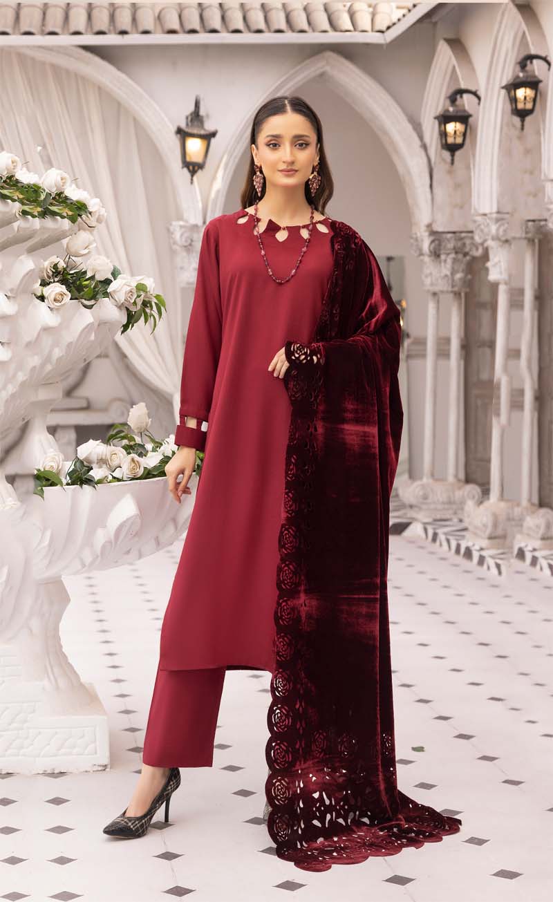 Sapna 3 Piece Dhanak Linen Suit with Laser Cut Velvet Shawl Maroon