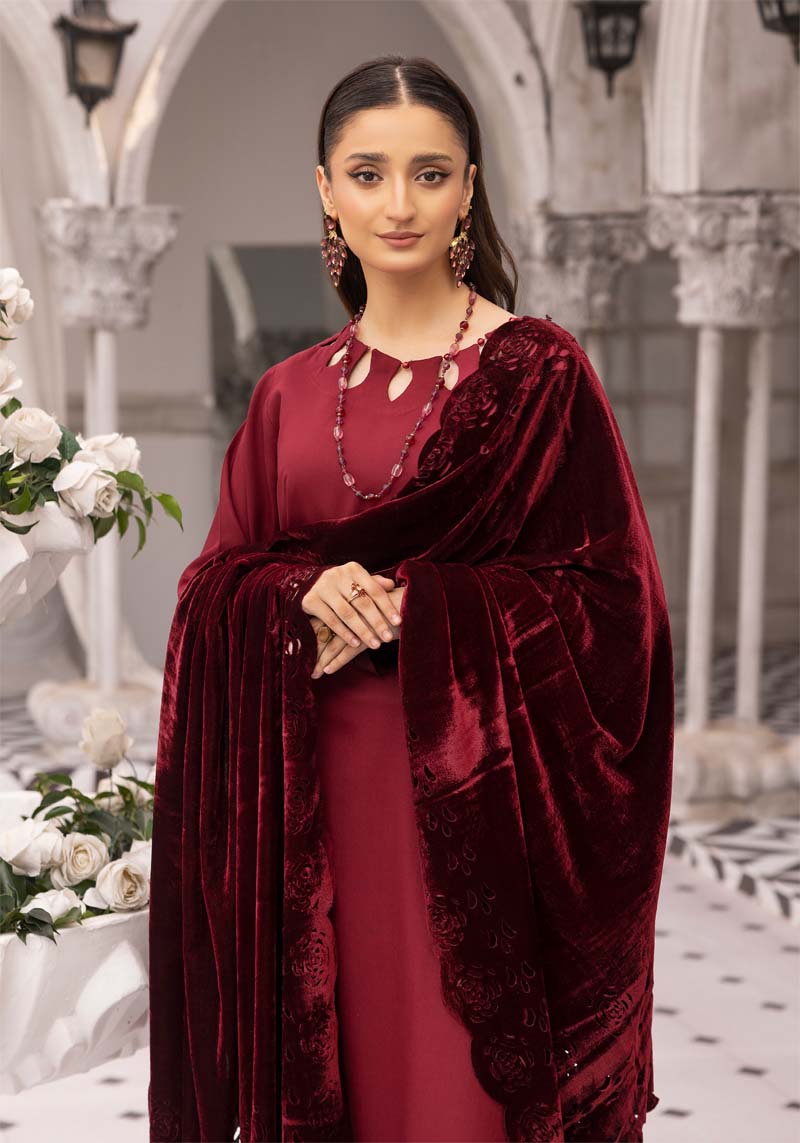 Sapna 3 Piece Dhanak Linen Suit with Laser Cut Velvet Shawl Maroon