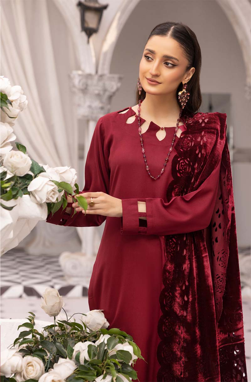 Sapna 3 Piece Dhanak Linen Suit with Laser Cut Velvet Shawl Maroon