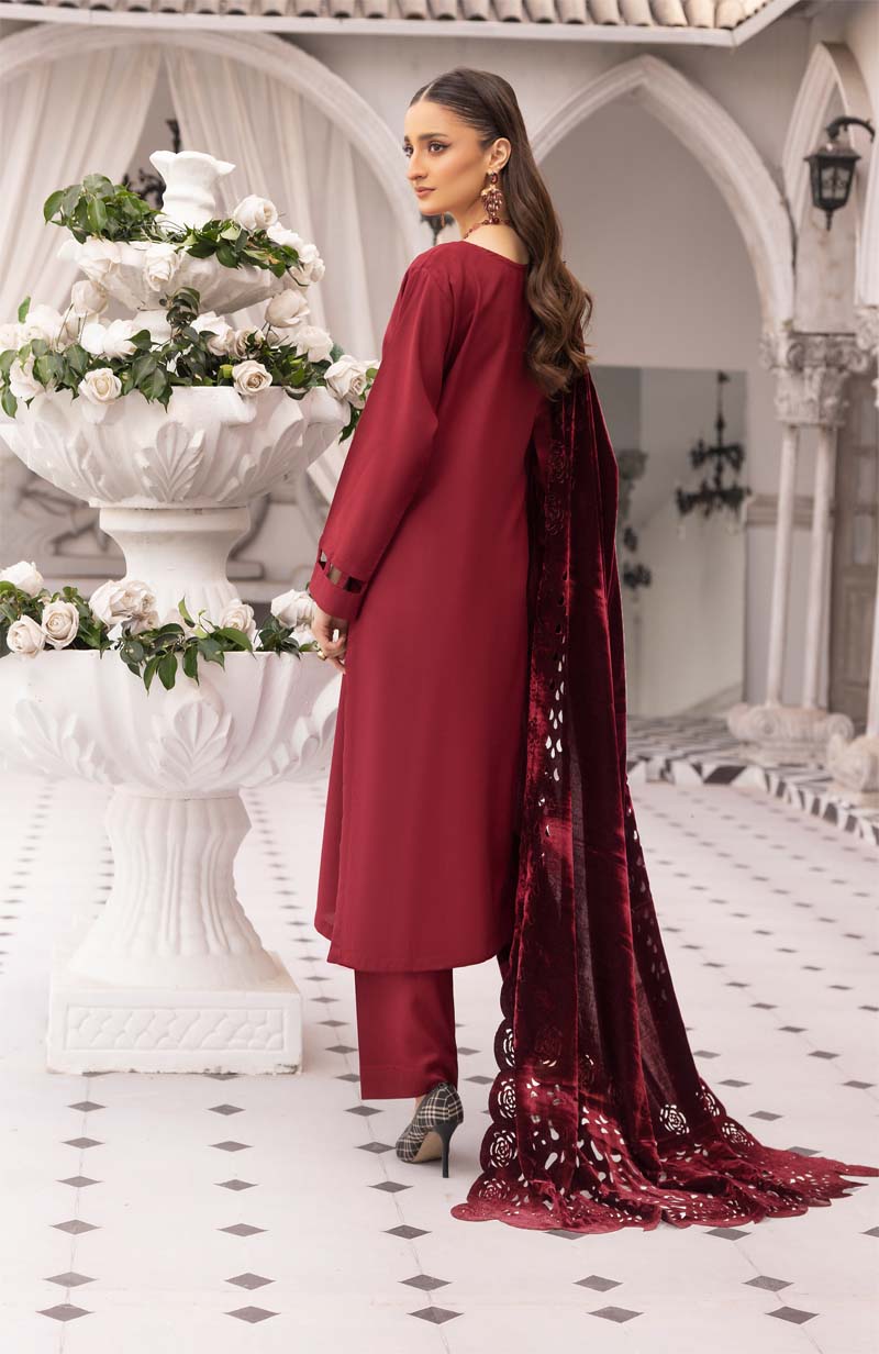 Sapna 3 Piece Dhanak Linen Suit with Laser Cut Velvet Shawl Maroon