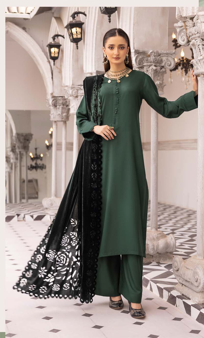 Sapna 3 Piece Dhanak Linen Suit with Laser Cut Velvet Shawl Bottle Green