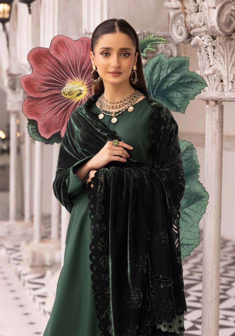 Sapna 3 Piece Dhanak Linen Suit with Laser Cut Velvet Shawl Bottle Green