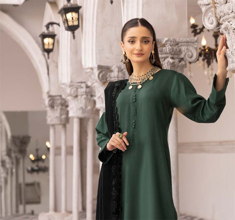 Sapna 3 Piece Dhanak Linen Suit with Laser Cut Velvet Shawl Bottle Green