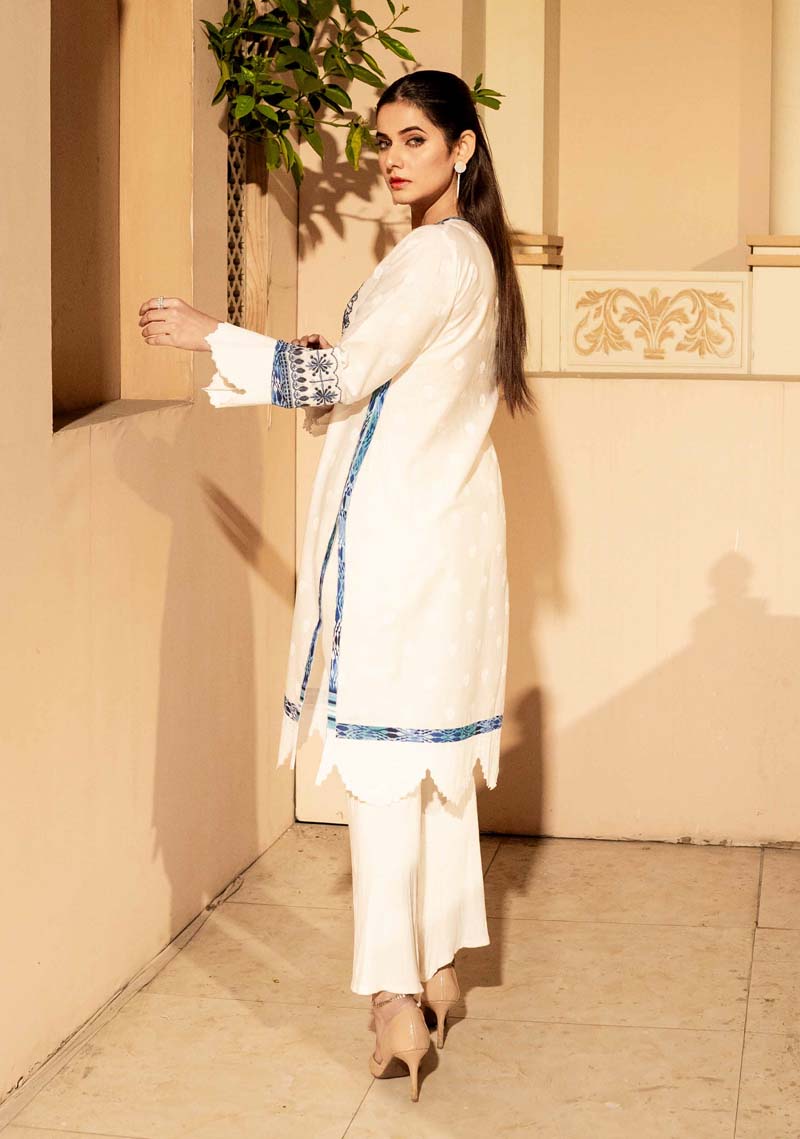 Ethnic Inspired Pakistani Lawn Embroidered Kurta White and Blue