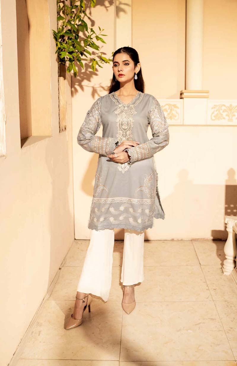 Ethnic Inspired Pakistani Lawn Embroidered Kurta Grey